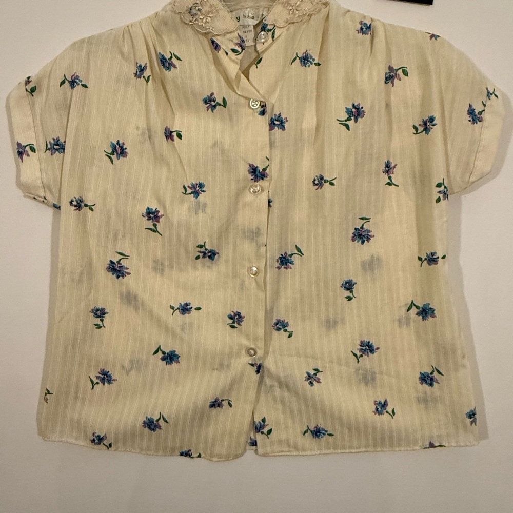 Vintage Daisy Cream Floral Lace Collar Blouse Peasant Top